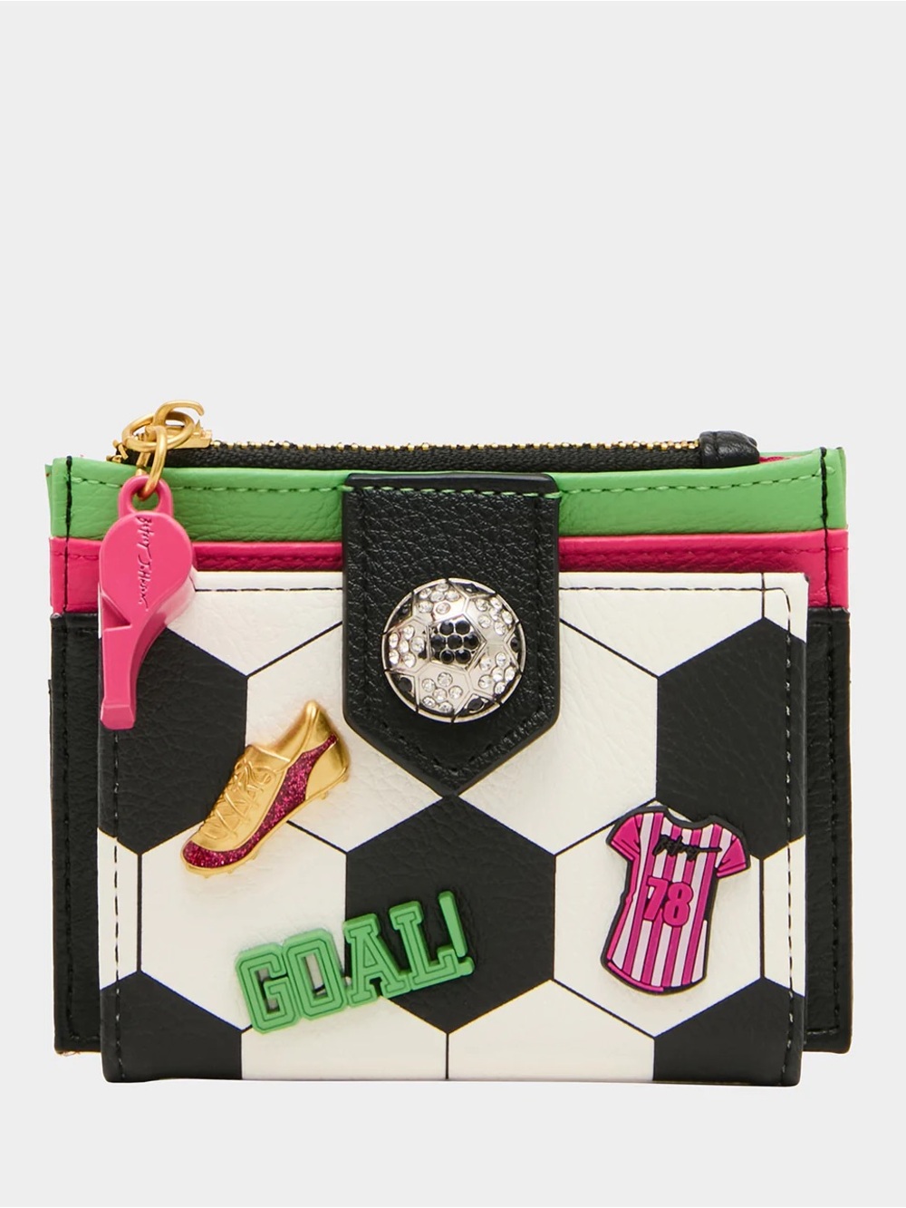 Betsey Johnson Goal Getter Black White Green Soccer Patch Zip Card Wallet - Picture 6 of 8
